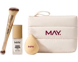 MAY Cosmetics Travel Set – Changing Foundation SPF 15 – 2-in-1 Make-up Brush – Beauty Blender – Travel Bag