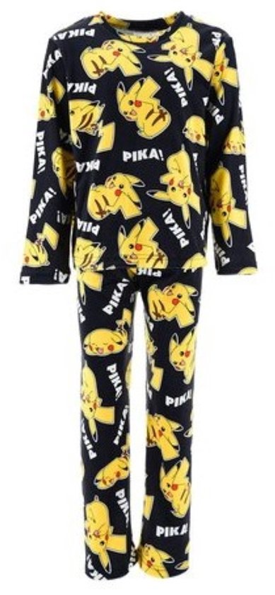 Zwarte pyjamaset met een all-over print van gele Pikachu's en het woord 'PIKA!'