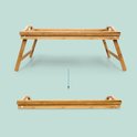Bamboe bedtafel in open en gesloten positie, met handgrepen.