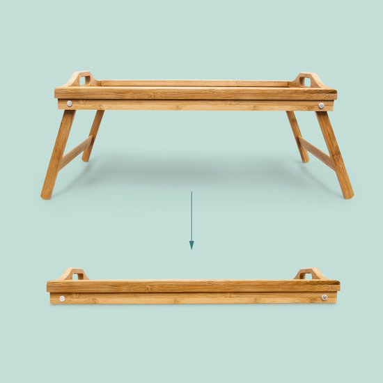 Bamboe bedtafel in open en gesloten positie, met handgrepen.
