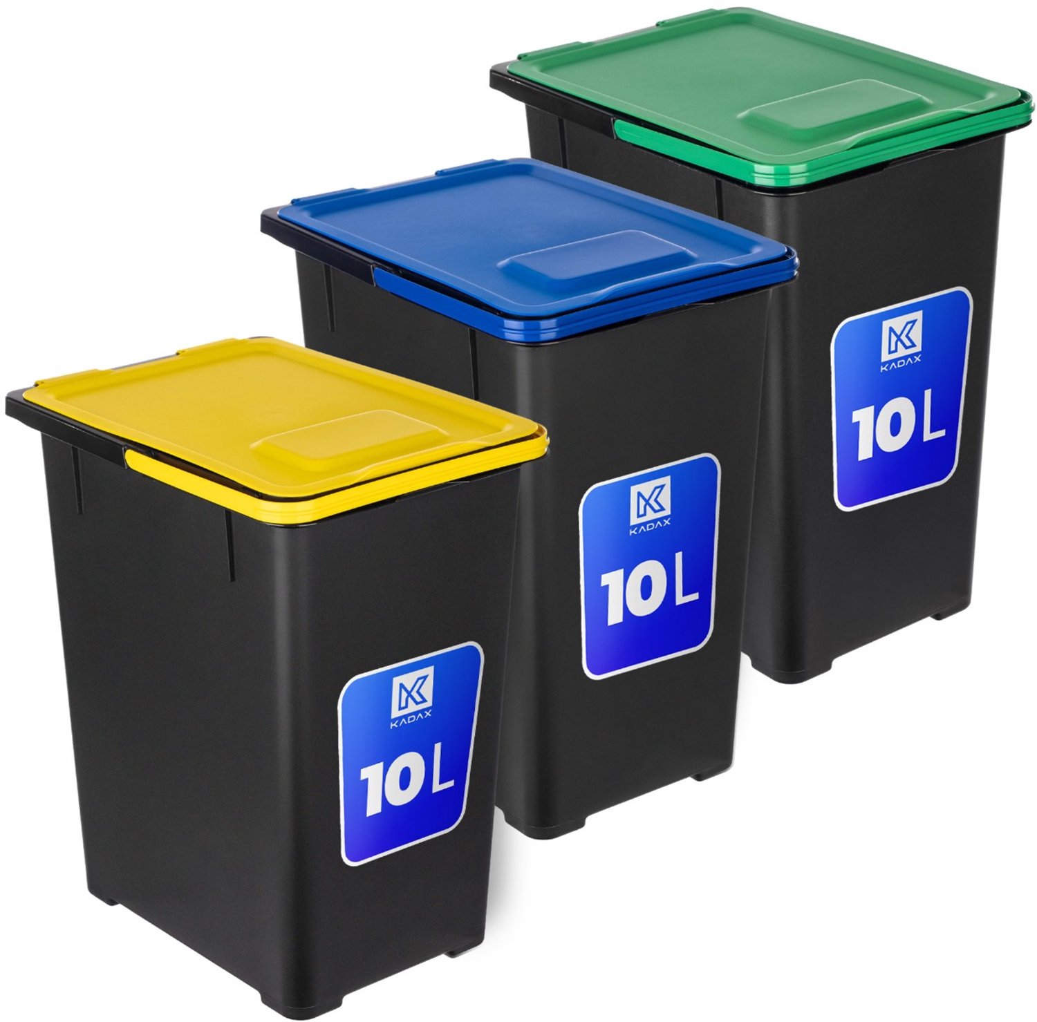 KADAX afvalscheidingssysteem, set van 3, 3 x 10 l vuilnisbakken met deksel en draaghandvat. Afvalbakken voor afvalscheiding van papier, organisch afval, kunststof en metaal, recyclingbakken (blauw/bruin/geel, zonder opdruk)