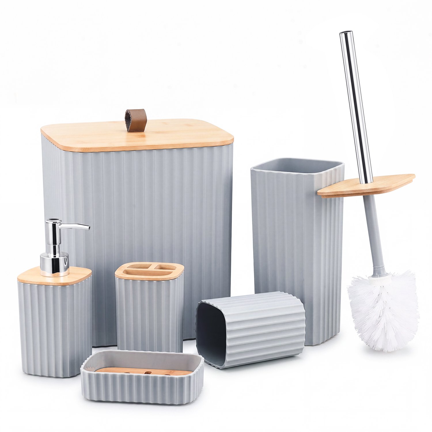 Yelenaro Badkamer Accessoires Set, 6-Delige, Badkameraccessoires Set van Kunststof met Tandenborstelhouder, Mondspoelbeker, Zeepdispenser, Zeepbakje, 9 Liter Prullenbak, Toiletborstel, voor Badkamer en Gast-WC, Grijs