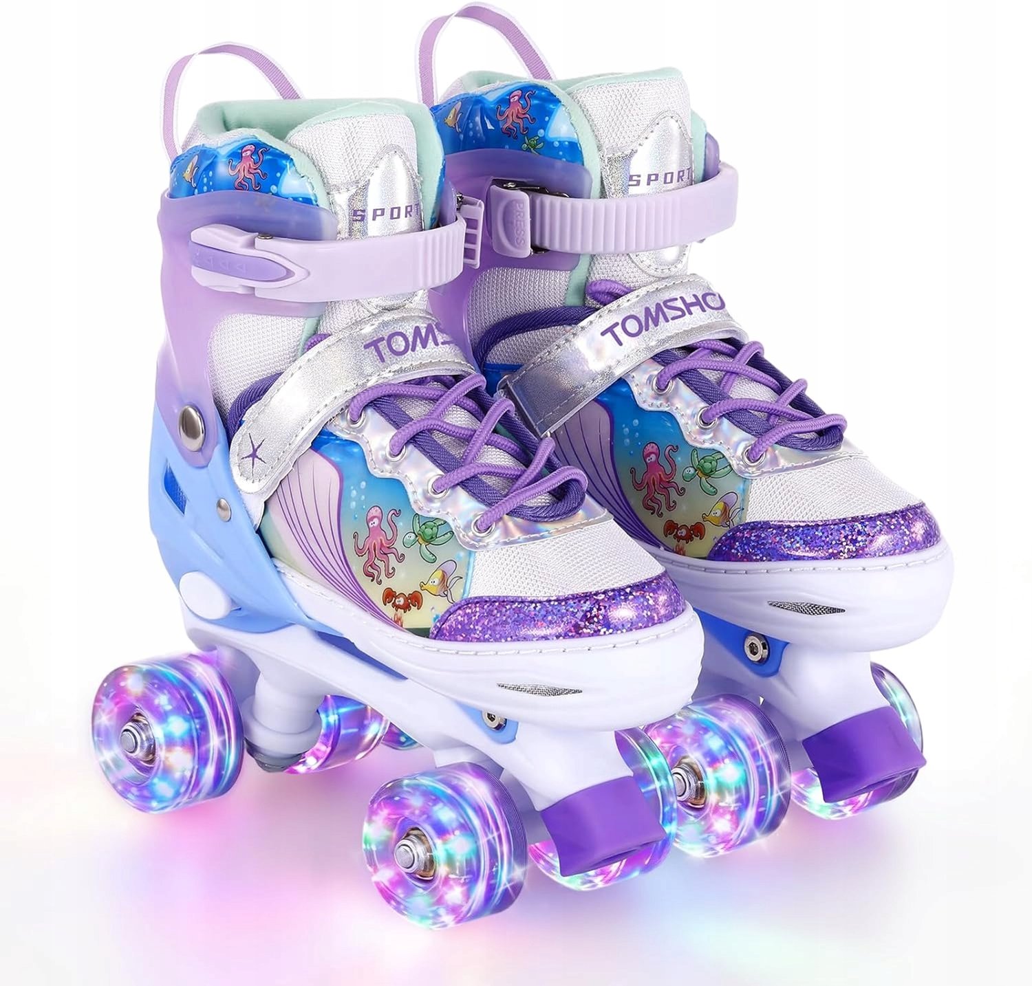 Kleurrijke meisjes rolschaatsen met LED-wielen