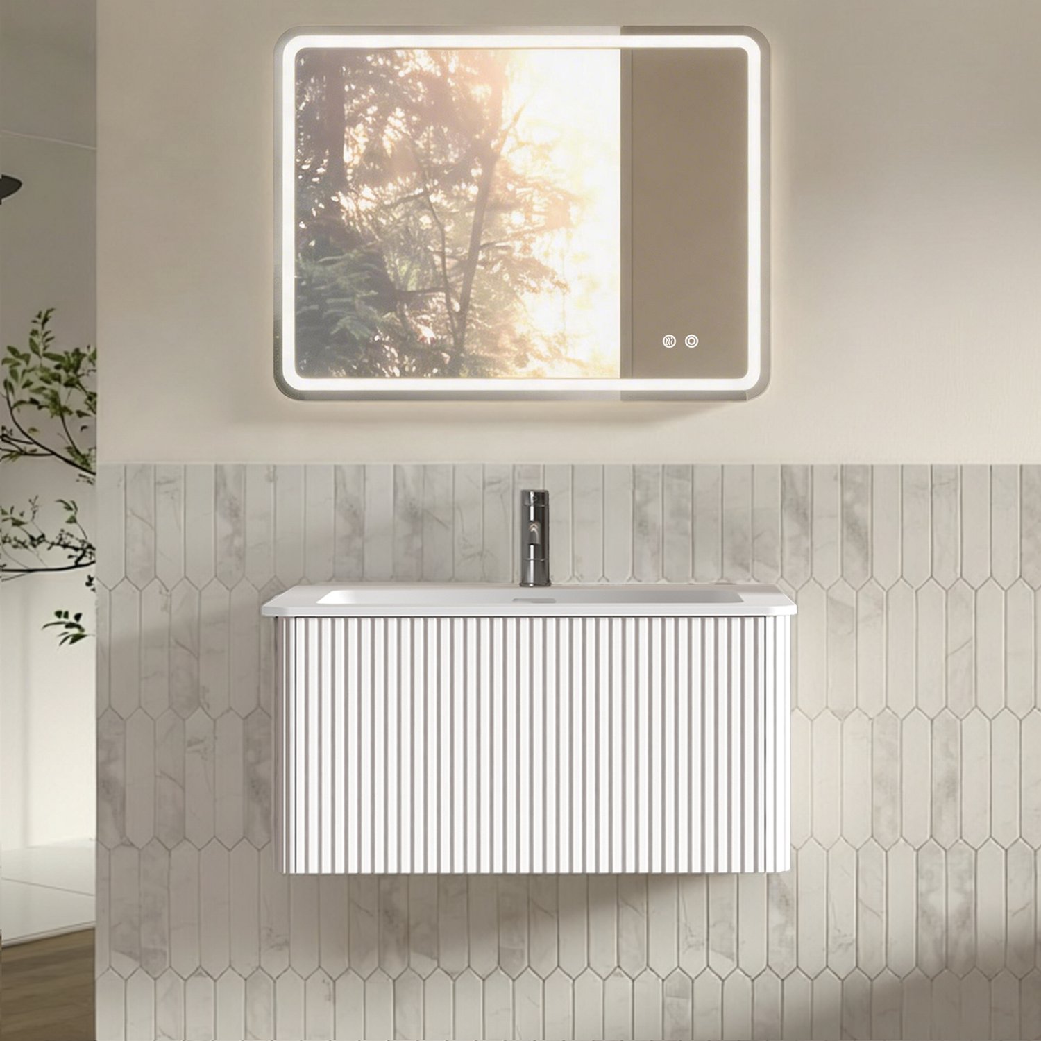 MODENUIT Badkamermeubelset - LED-spiegel - Wandmontage - Lade - MDF en Glas - Wit - 81 x 46,5 x 37 cm