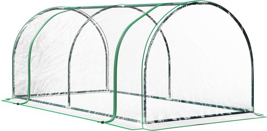 Kweekkas met stalen frame, groen, 3 bogen, doorzichtige kunststof hoes.
