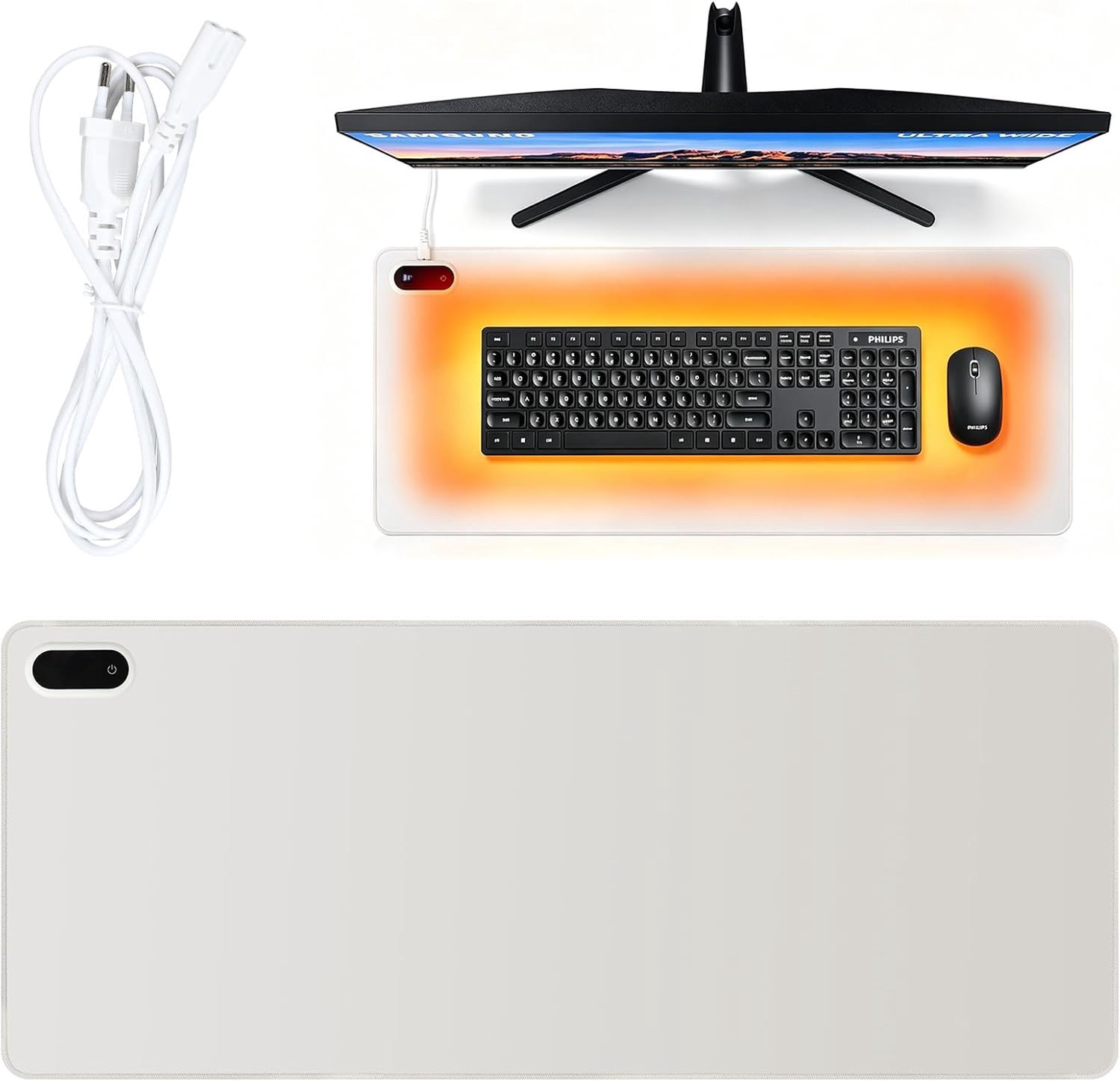 Verwarmde Muismat 80x33 - XXL - 30℃ tot 50℃t - Verhitte Bureau Onderlegger - Bureau Organizer - Warmtemat voor Bureau - Antislip - Inclusief Kabel Clip - Temperatuur Display - met Timer - Voor Gaming & Kantoor - Lichtgrijs - TENGYIF®