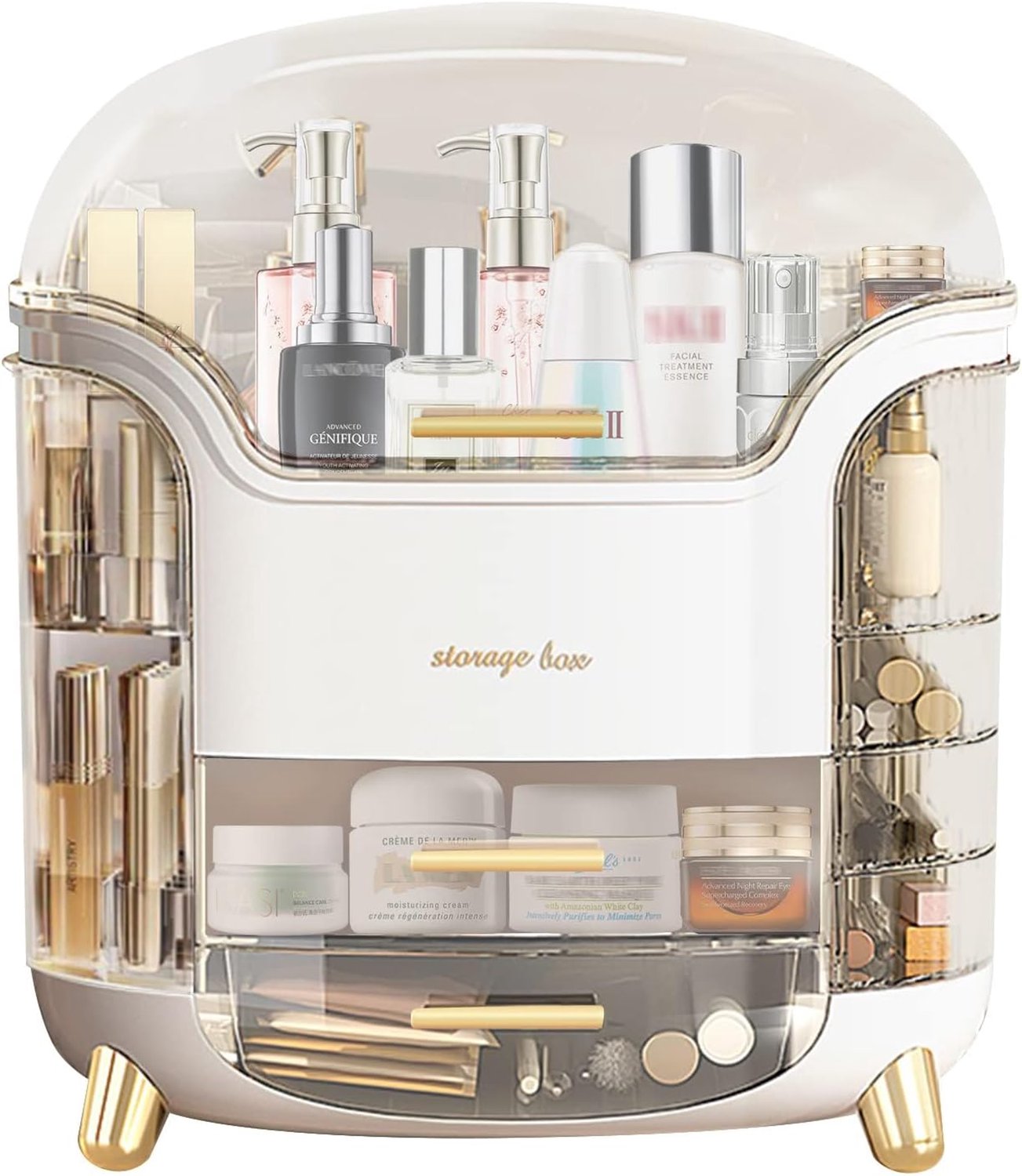 Make-up Organizer met Laden - Cosmetica Organizer met Deksel - Grote Make-up Box met 9 Opbergvakken - Doorzichtige Make-up Organizer voor Lippenstift, Kwasten, Parfum en Huidverzorging - Stof- en Vochtbestendig - Wit
