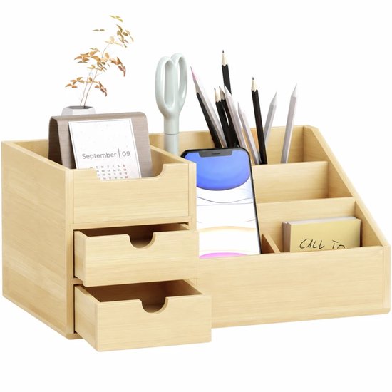Bureau-organizer - Bamboe opbergdoos met lade - Pennenhouder - Naturel - 33 x 20,5 x 15,5 cm — cadeau in Wonen & Interieur - foto 3