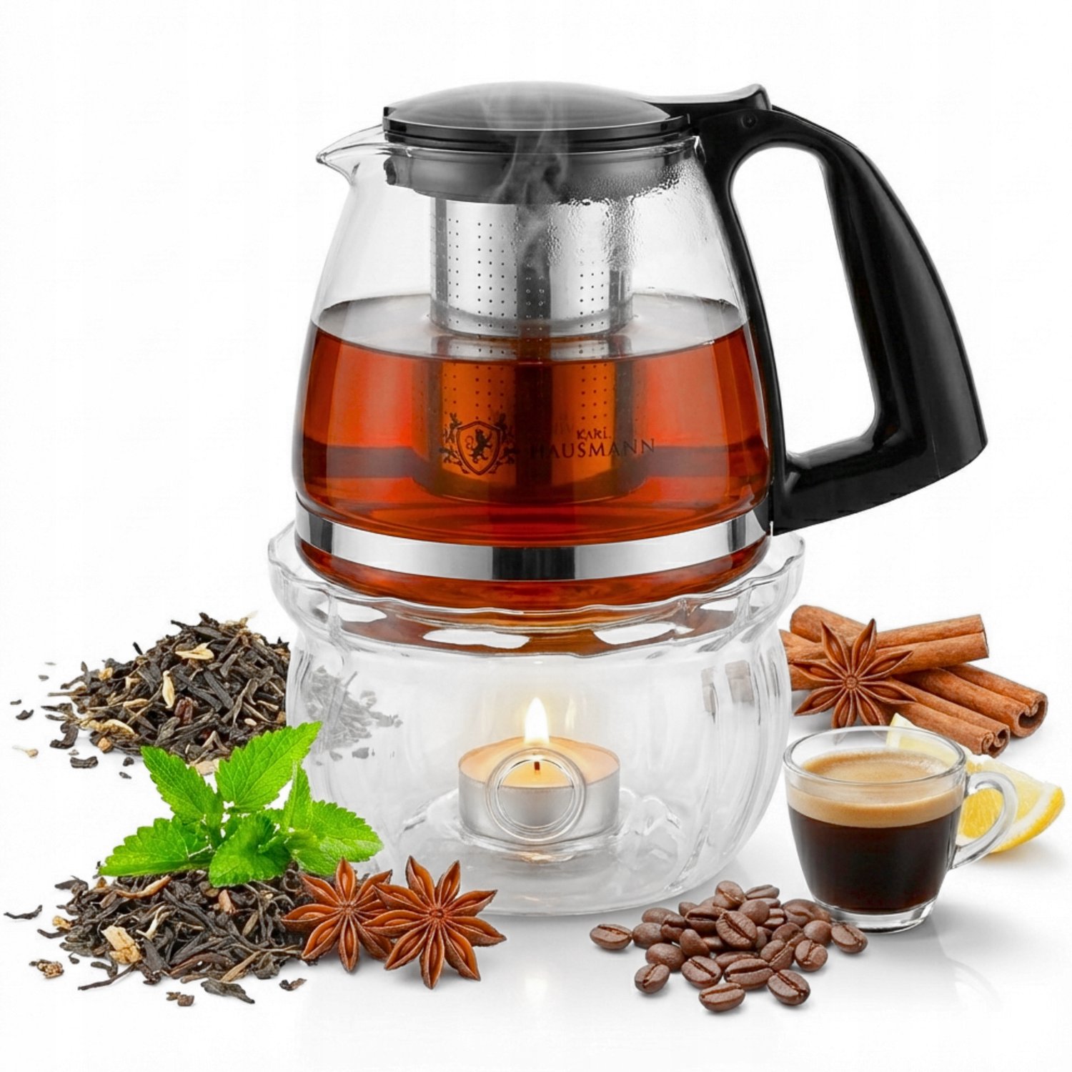 Glazen theepot met warmer en infuser, 1100ml, hittebestendig