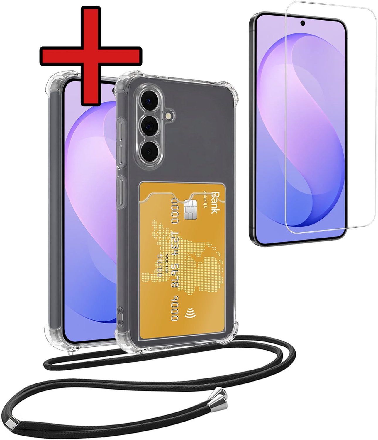 Hoesje Geschikt voor Samsung S26 FE Hoesje Met Telefoonkoord en Pasjeshouder Met Screenprotector Siliconen - Hoes Geschikt voor Samsung Galaxy S26 FE Hoesje Met Kaarthouder Shock Proof Case - Transparant