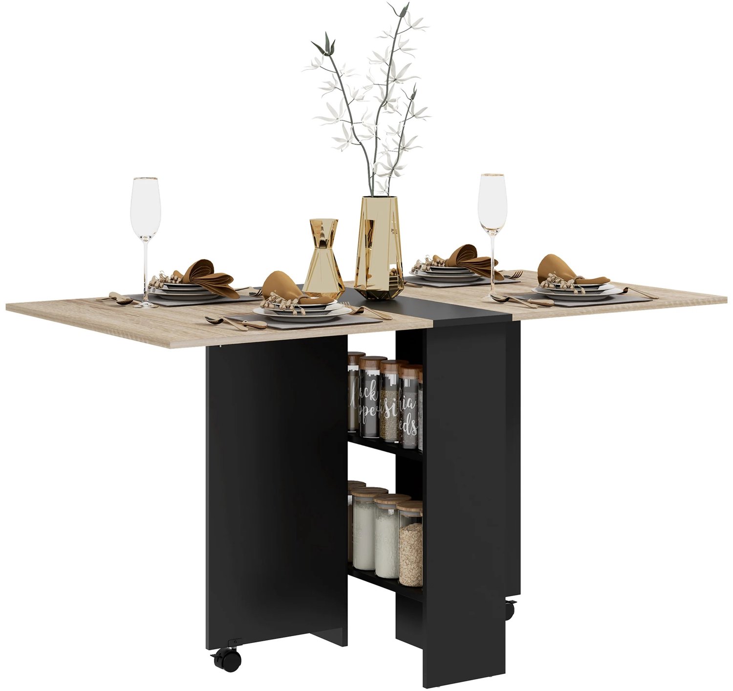 Tremeo Opvouwbare Eetafel - Keukentafel - Tafel - 4 tot 6 personen - Naturel Hout en Zwart - Melaminehout - 140 x 75 x 74 cm