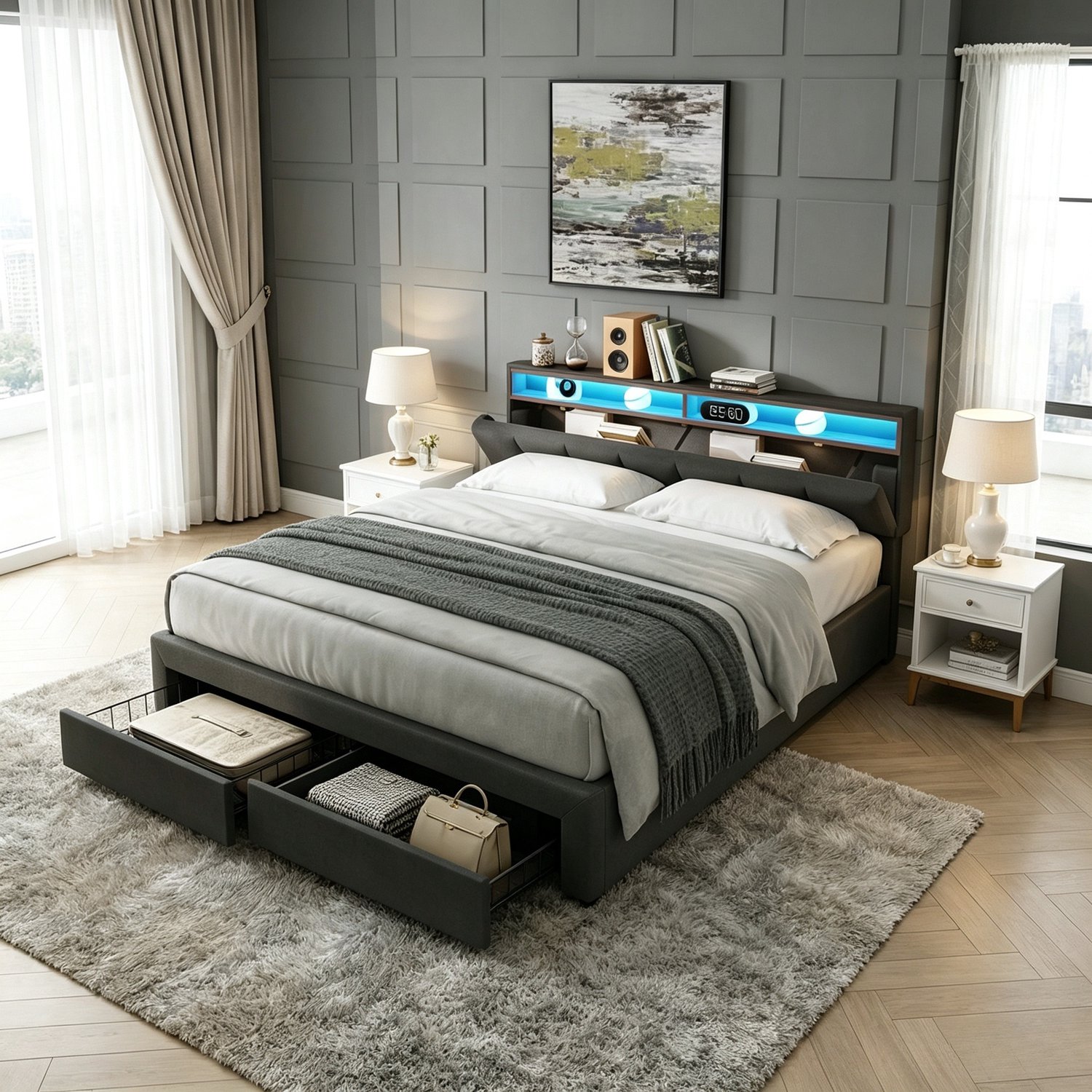 ROSAHQNDA Tweepersoonsbed 160x200 cm, gestoffeerd opbergbed met LED-verlichting, 2 lades, hoofdbord en lattenbodem, linnen, grijs, zonder matras