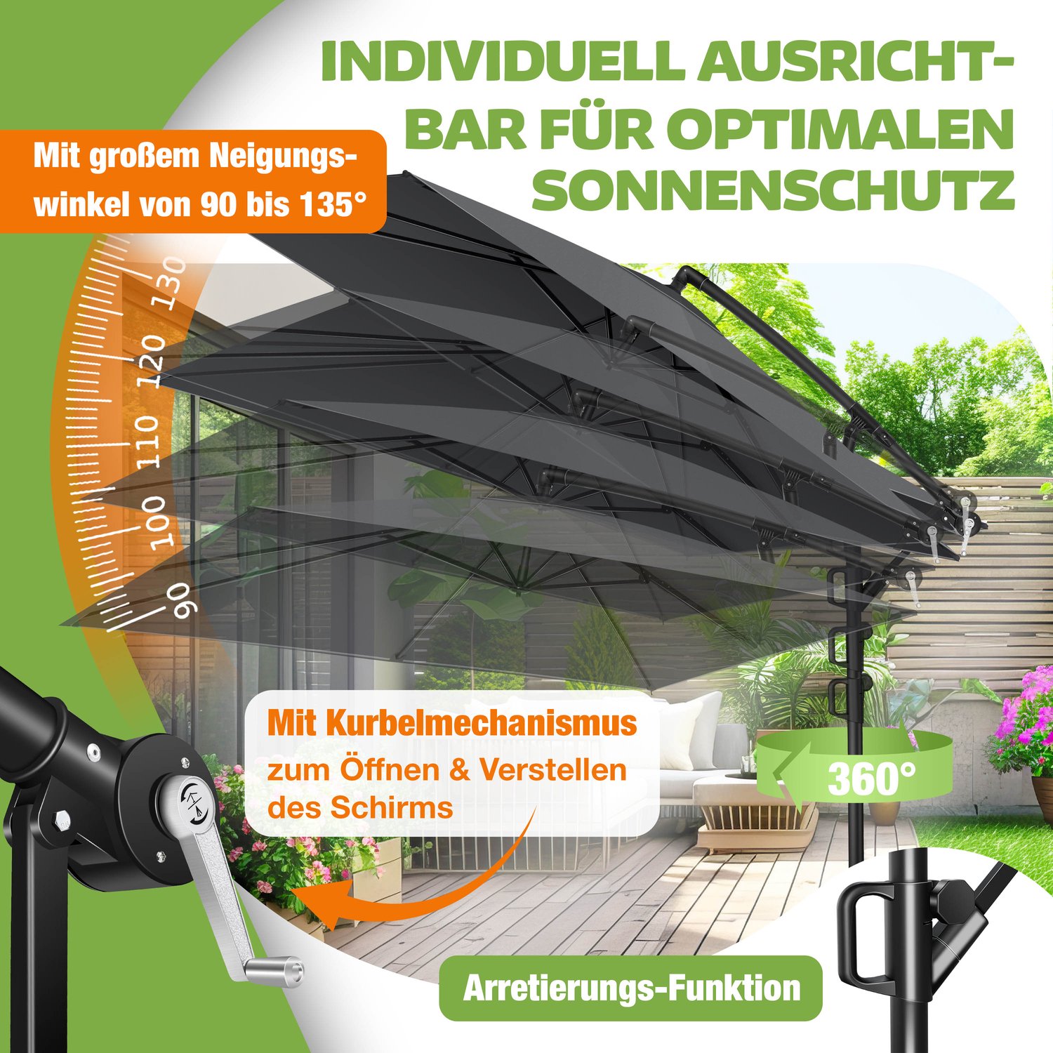 KESSER Zweefparasol Holly Rechthoekig - Parasol met Zwengel, Hoes en Windbescherming, UV-bescherming, Aluminium, Waterafstotend - Antraciet – foto 5
