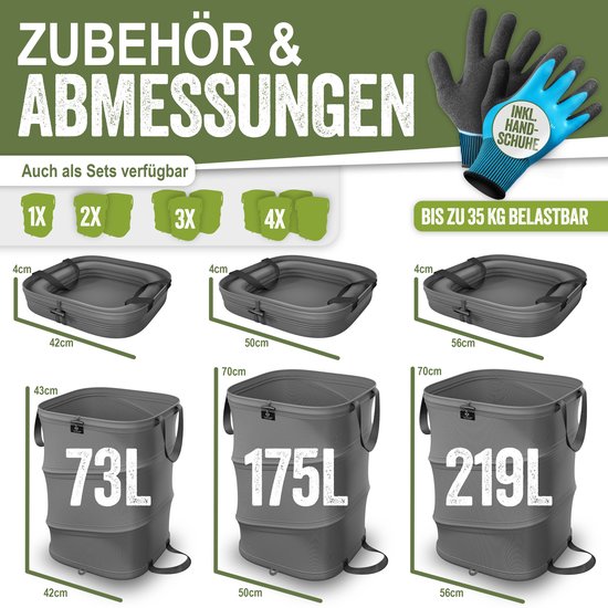 KESSER® Pop-up tuinzak set van 3 x 175 liter - Zelfstaand en opvouwbaar - Antraciet/zwart — afbeelding 3