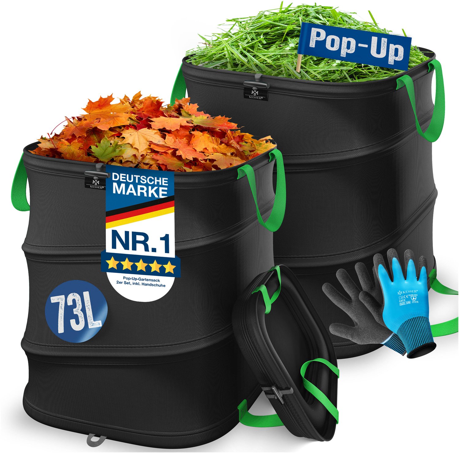 KESSER® Pop-up tuinzak set van 2 x 73 liter - Zelfstaand en opvouwbaar - Zwart/lichtgroen