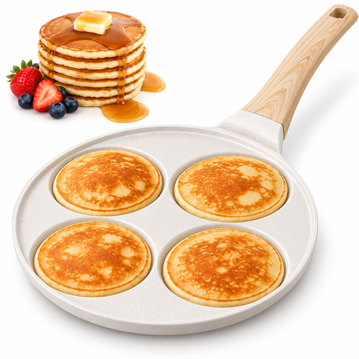 Hakal Pannenkoekenpan met 4 kop - Vakken – Ø26 cm – Anti-aanbaklaag – Pancake & Eierpan – Houtlook Handgreep – Crème