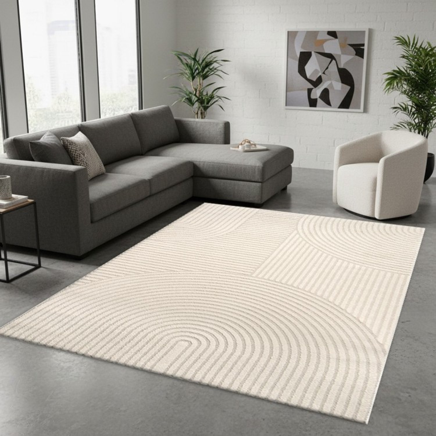 TapisTrend Designer tapijt Beige Modern vloerkleed met concentrische bogen en verhoogde geometrische lijnen voor woonkamer en slaapkamer, foto 5