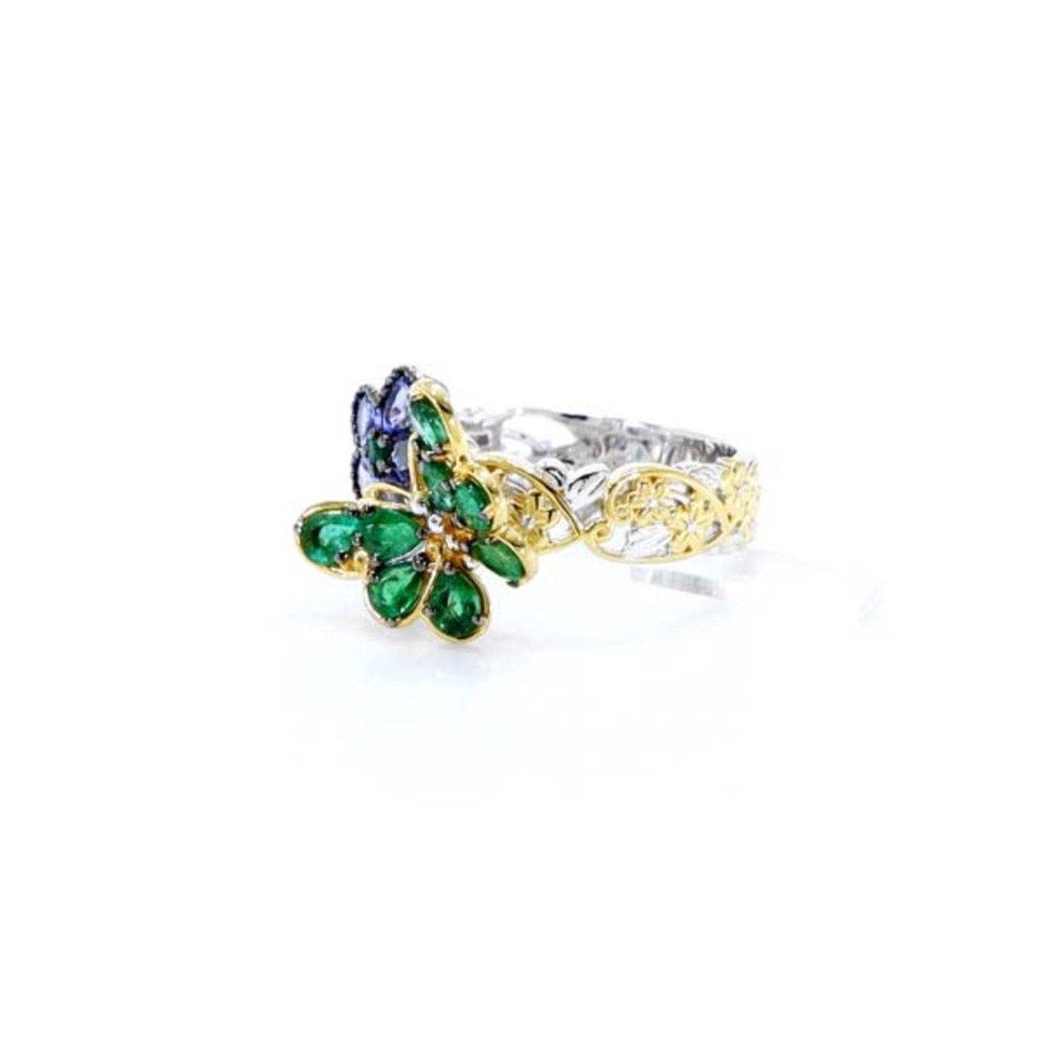 Cavill - 925 Sterling Zilveren ring met Zambia Smaragden & Tanzaniet 2.09 ct - Bloemmotief - Peervorm & Ovaal geslepen - Dames ring