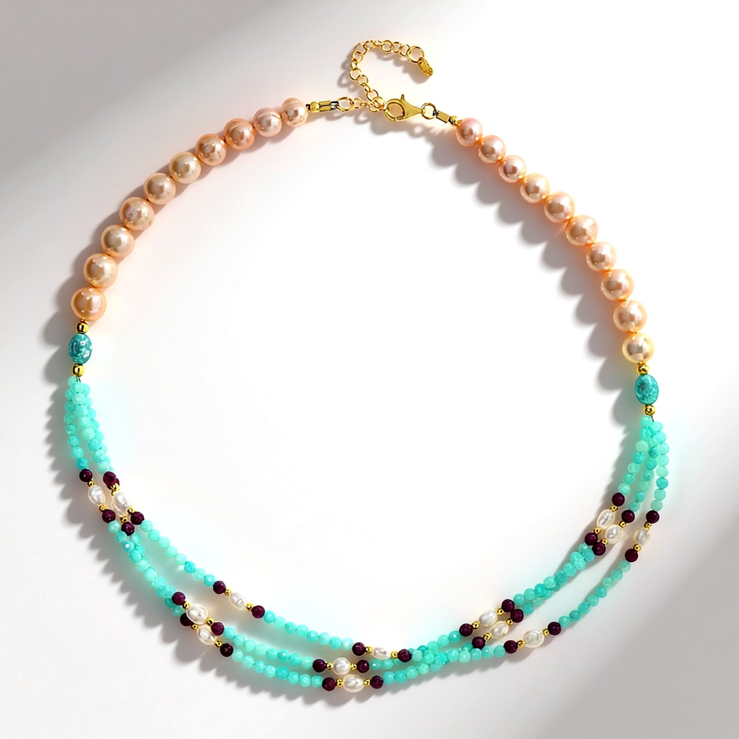 Cavill - Elegante Damesketting - 925 Sterling Zilver Verguld - Amazoniet 21,8 ct, Robijn 7,9 ct, Turkoois 1,9 ct - Verstelbaar 45-50 cm