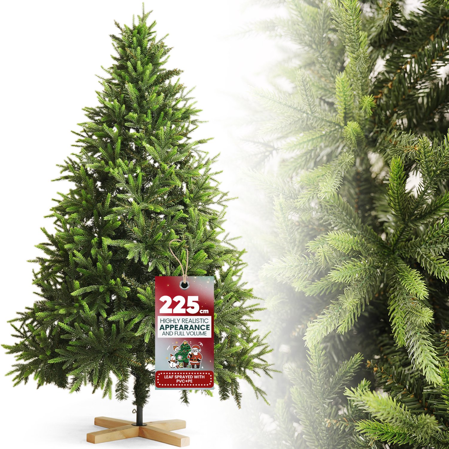 Soontrans - Kunstkerstboom 225 cm - Hoogwaardig PVC+PE-Materiaal - Houten Voet - Maximale Diameter van de Kerstboom na Montage 134 cm - Groen - Geschikt voor Kerstversiering