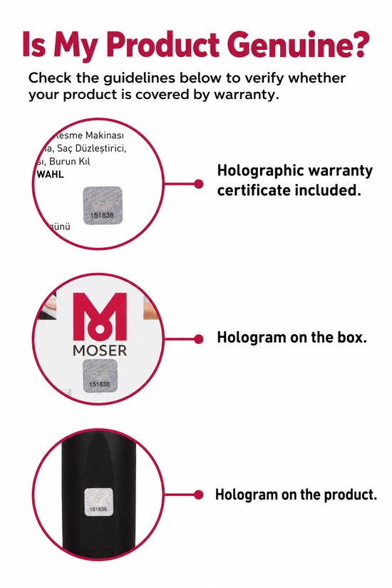 Informatie over echtheid van de Moser tondeuse met holografische zegels op de garantiekaart, doos en product.