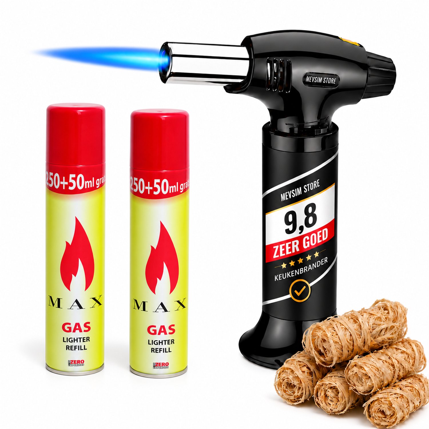 Creme Brulee Brander XL – Gasbrander - Keukenbrander - Campingbrander - Inclusief 2 x 300 ml MAX Gas en 5 Aanmaakwokkels