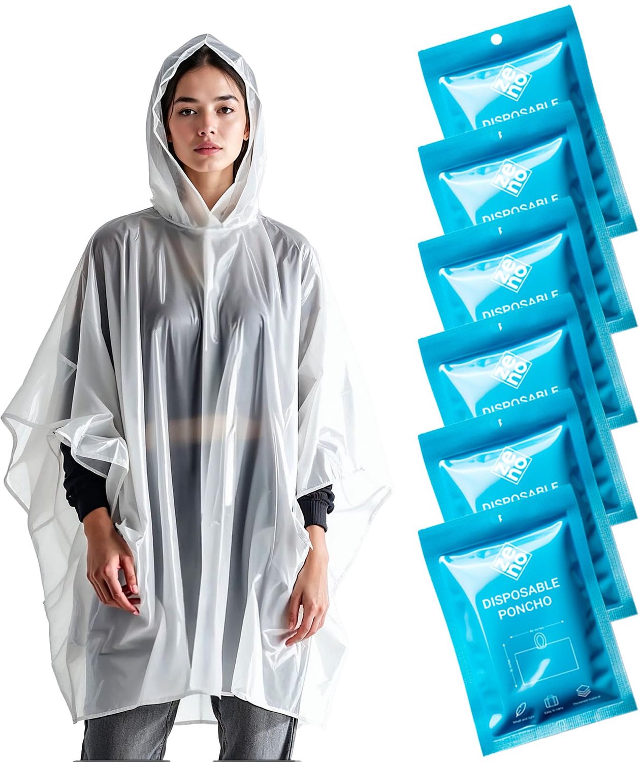 Famanu - Regenponcho - Bescherming tegen regen - Wegwerpbaar met capuchon - Transparant 6 stuks