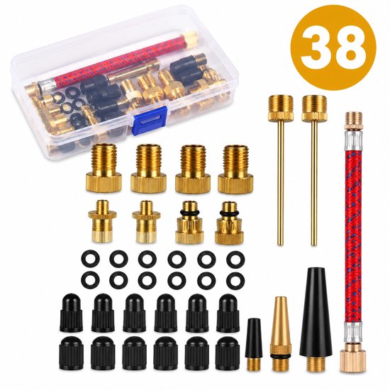 38-delige ventieladapterset met diverse gouden en zwarte adapters, ventielkernen, ventieldopjes en opbergdoos.