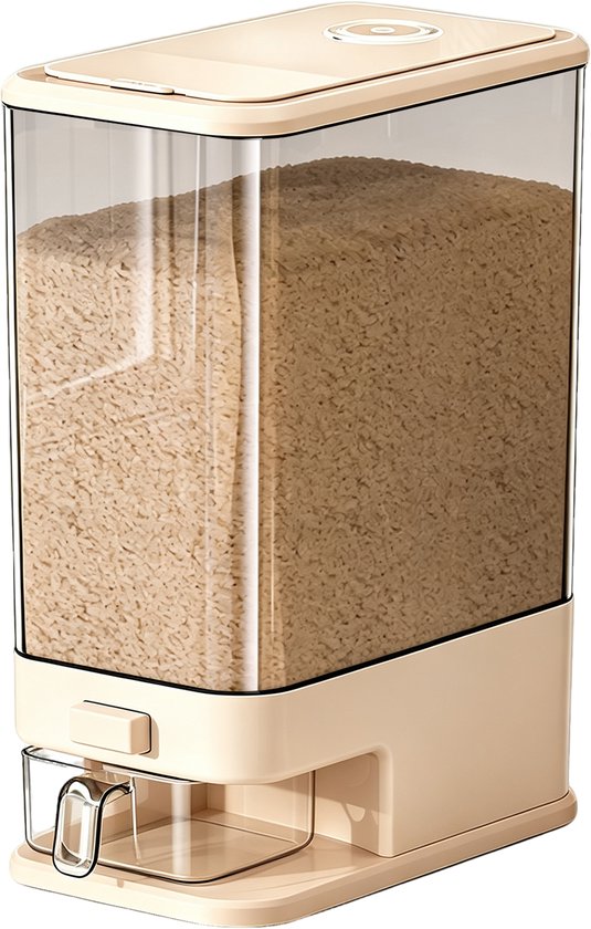 Standaard crèmekleurige rijstdispenser met transparante behuizing en opvangbakje.
