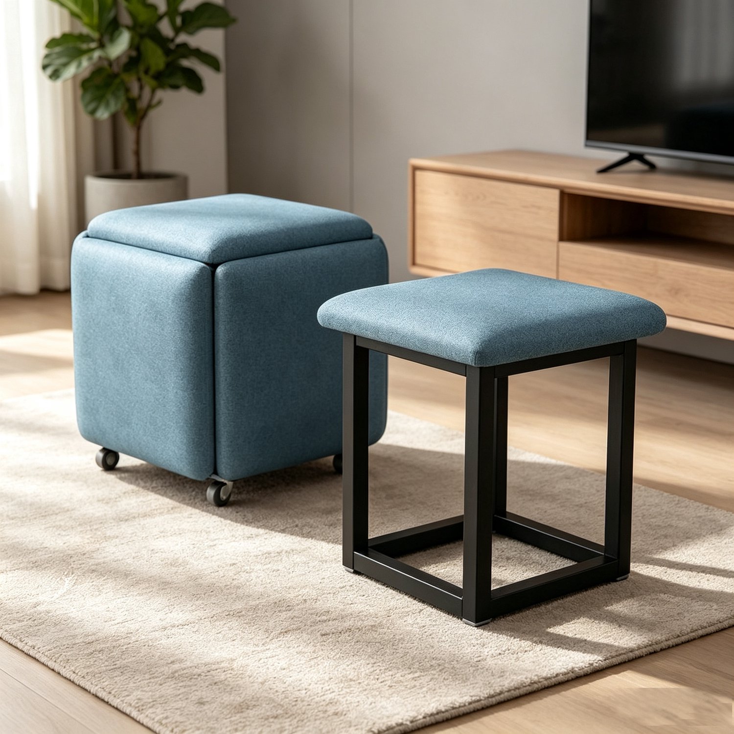 Blauwe kubusvormige kruk van technisch leer afmetingen 35x35x35 cm een vijf-in-één stapelbare lage schoenenkruk geschikt voor hallen en woonkamers