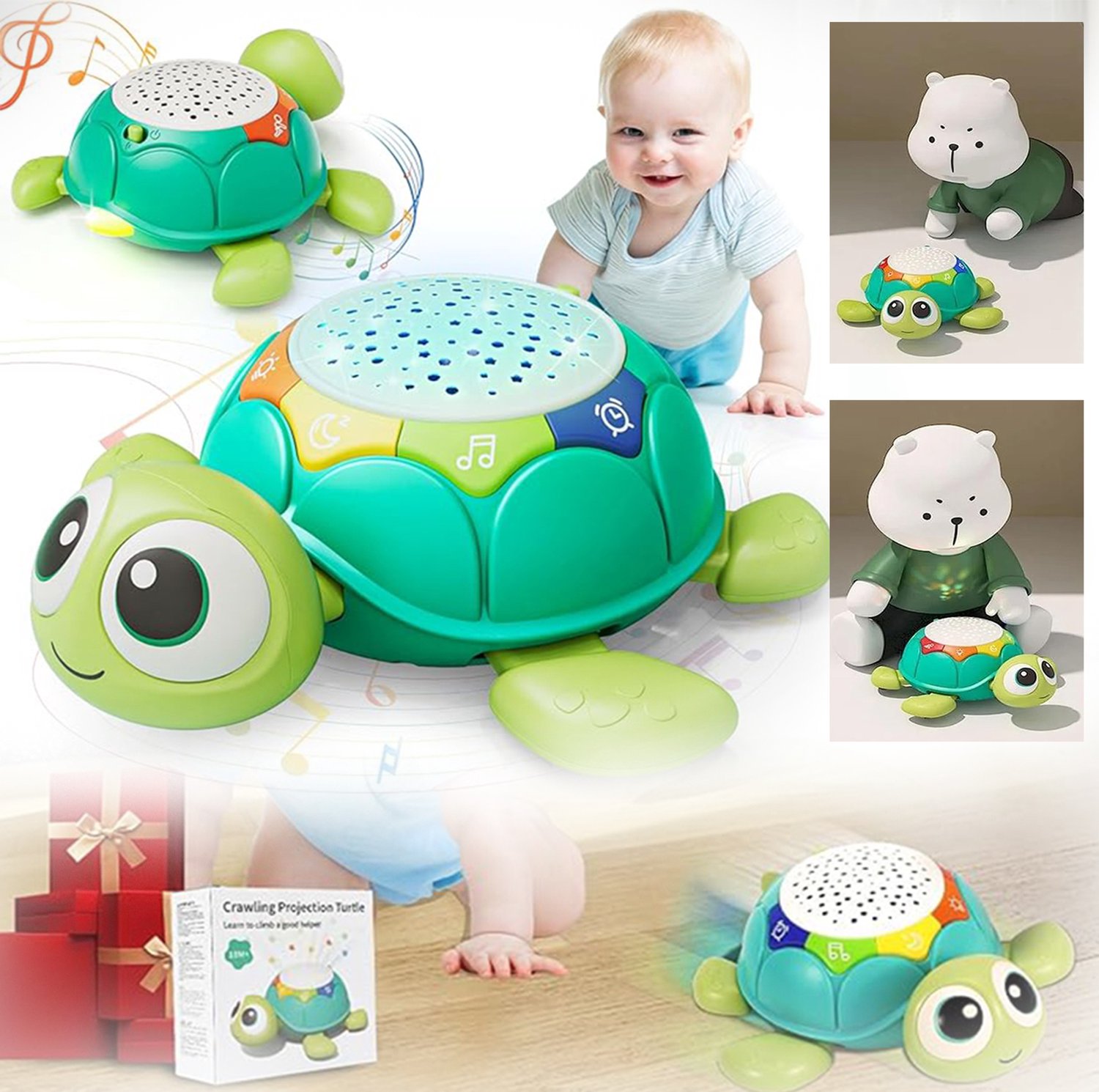 Muzikaal Kruipend Schildpadje Voor Baby's, Kruipspeelgoed Voor Baby's Met Muziekprojectie, 3 Timerinstellingen, 5 Natuurgeluiden en 4 Projectiekleuren.