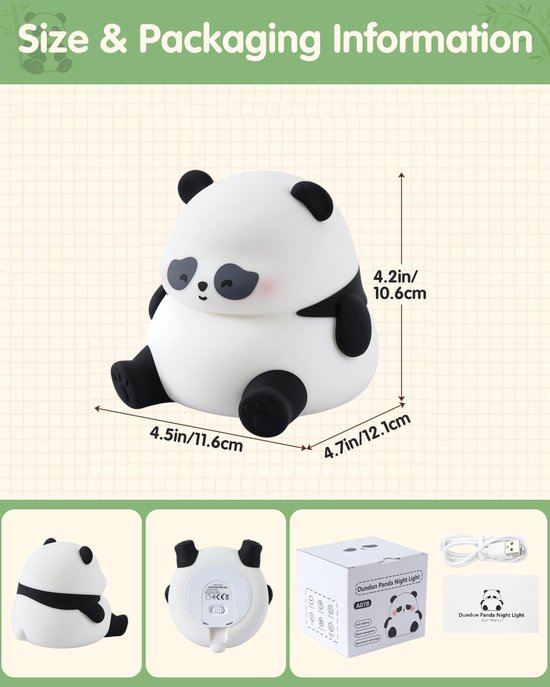 Panda Nachtlampje voor Kinderen - Siliconen LED Bedlampje, Oplaadbaar, Touch, 3 Dimbare Niveaus, 30 min Timer - Kinderkamer Cadeau — afbeelding 5