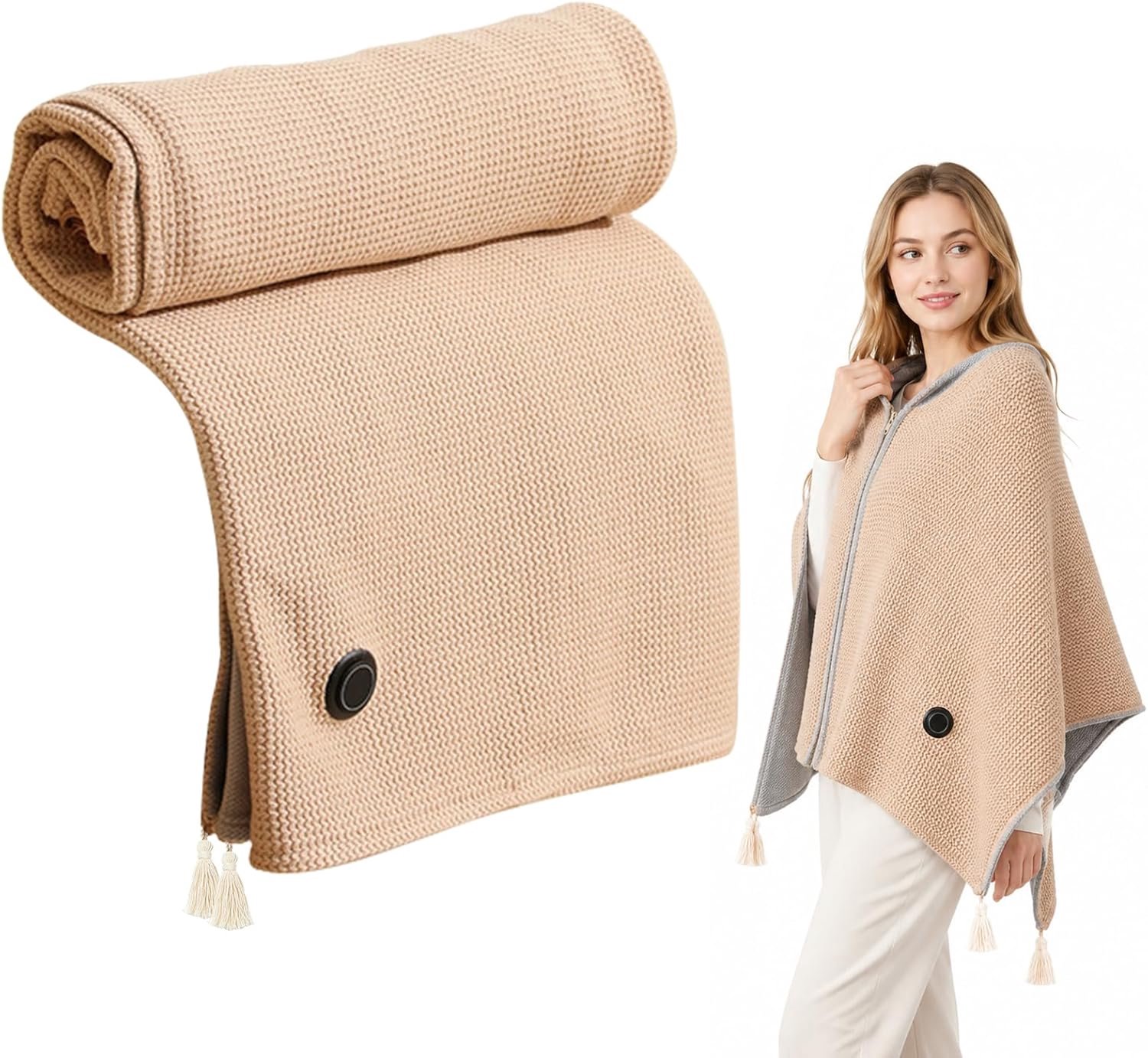 Elektrische Deken - 150× 80CM - Hoodie Deken - Plaids - Verwarmde Plaid - Warmtedeken - Dames Verwarmde Schoudermantel - Verwarmde deken - USB Verwarmd - 3 Standen - Winter Verwarmaccessoire - Voor kantoor, thuis, in de auto en op reis - Beige