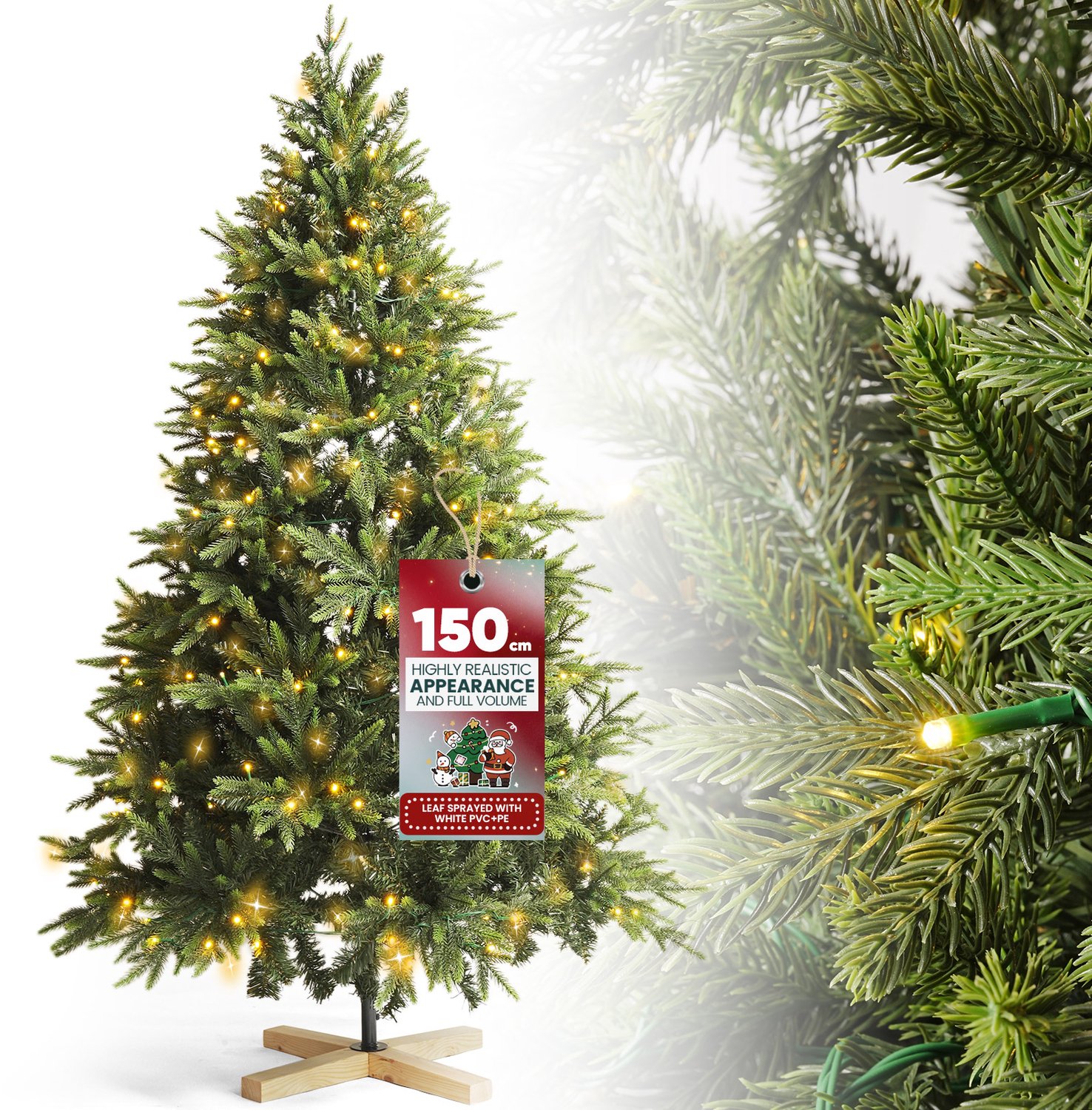 Soontrans - Kunstkerstboom 150 cm - Hoogwaardig PVC+PE-Materiaal - Houten Voet - Maximale Diameter van de Kerstboom na Montage 98 cm - Groen - Met LED - Geschikt voor Kerstversiering