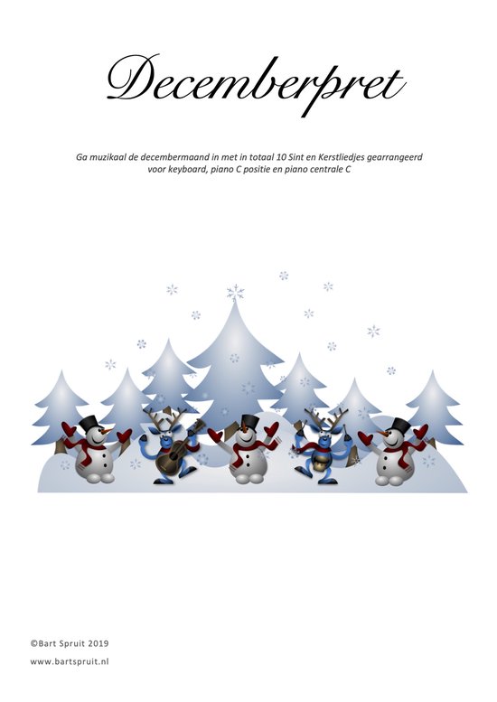 Titel 'Decemberpret' met op de voorgrond dansende sneeuwpoppen met gewei en instrumenten voor een bos van kerstbomen.