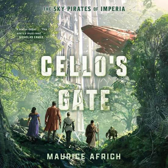 Boekomslag: Cello's Gate door Maurice Africh, vijf figuren lopen naar een enorme poort met een ruimteschip in de lucht.