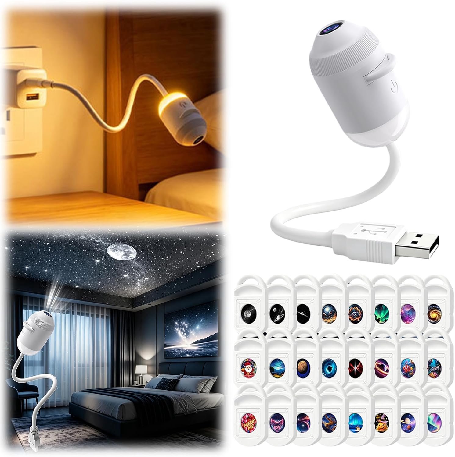 24-in-1 Galaxy Projector- Nachtlampje, 24 patronen - Dimbare LED - met 360° Rotatie en USB - Melkweg & heelal effecten – Projectorlamp - Plug and Play - Sterren projector - Projectielamp voor kamperen, auto, plafond en wanddecoratie
