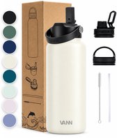 Ivoren VANN RVS thermosfles van 1 liter met rietje, 2 deksels, rietje en borstel naast de verpakking en kleuropties.
