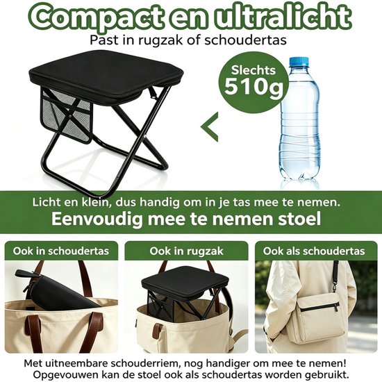 1x Ultralichte Campingstoel - Vouwstoel met Opbergtas en Schouderband - 510 g - 600D Oxford - max. 120 kg - voor Camping, Vissen en BBQ — afbeelding 3
