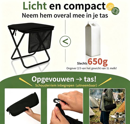 1x Ultralichte Campingstoel - Vouwstoel met Opbergtas en Schouderband - 510 g - 600D Oxford - max. 120 kg - voor Camping, Vissen en BBQ — afbeelding 2