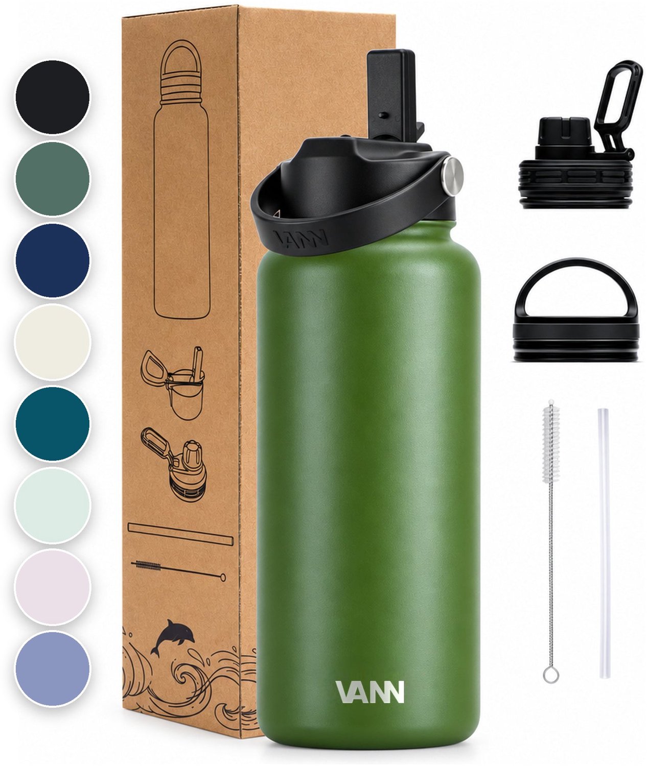 Bol.com VANN® 3-Wandige RVS Drinkfles 1 Liter met rietje voor volwassenen – Met 5 accessoires – Thermosfles – 24 uur koud/12 uur... aanbieding