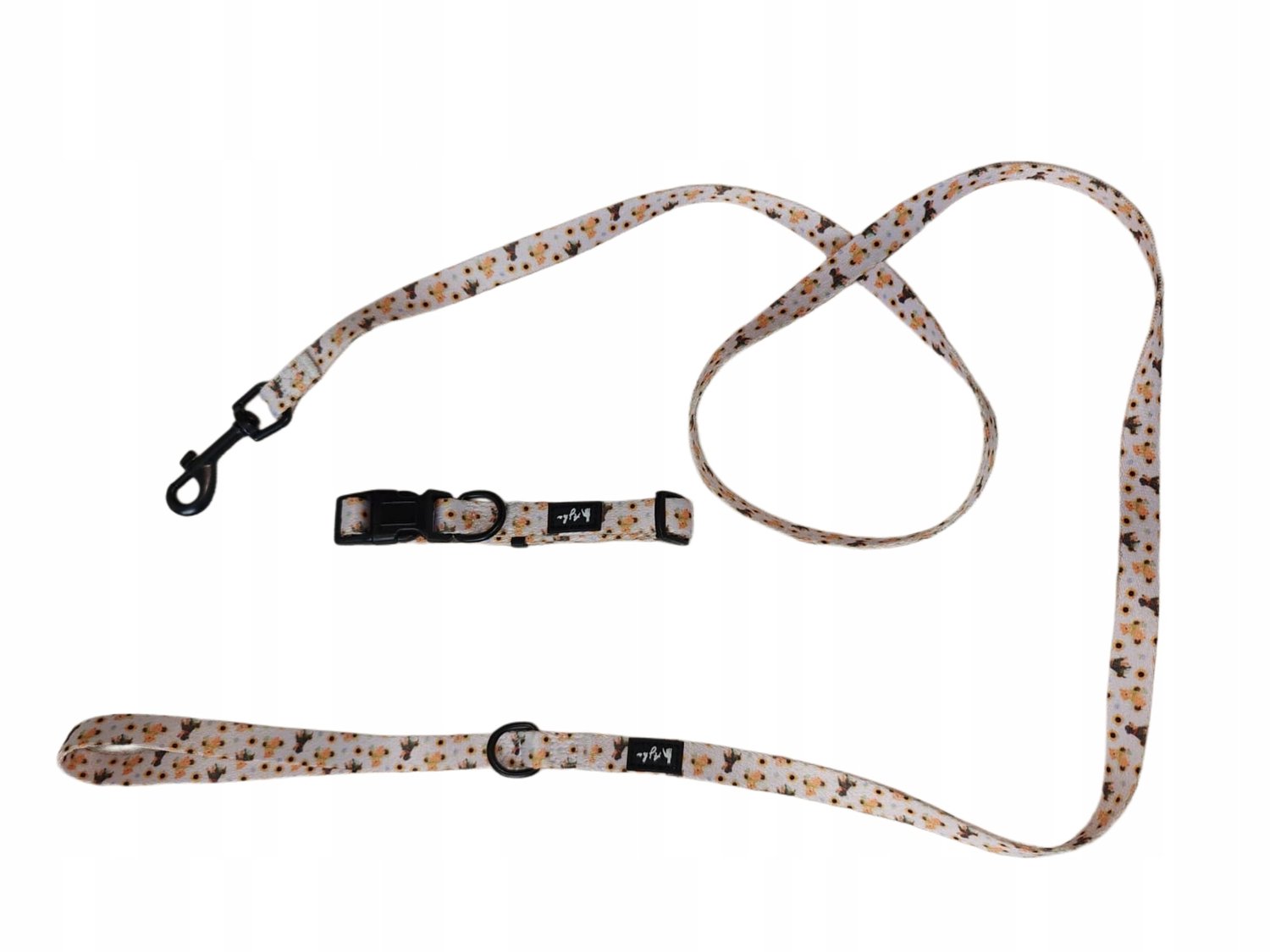 Hondenlijn & Halsband Set Maat S - Zonnebloemen & Hondjes