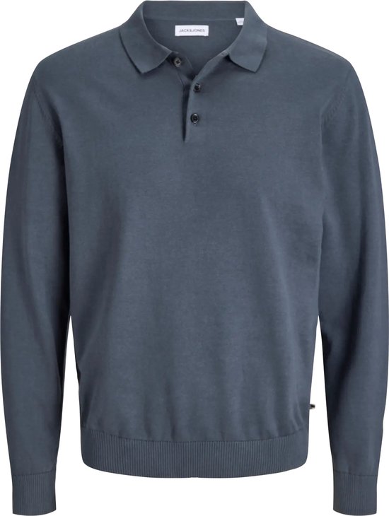 Donkergrijs gebreid poloshirt met lange mouwen, kraag en knoopsluiting.