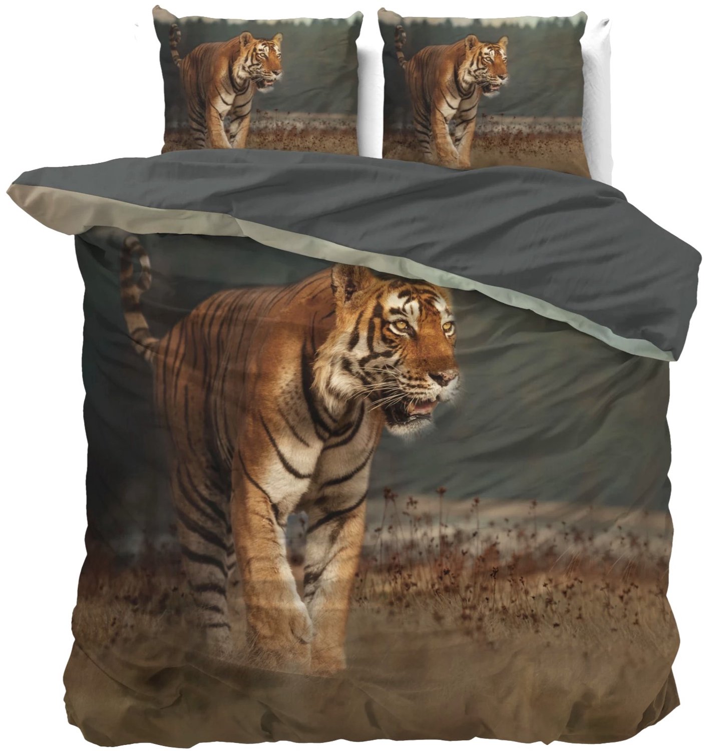Sleeptime Lits-jumeaux dekbedovertrek (dekbed hoes) taupe / bruin / grijs met grote tijger / tiger (wild dier) in de natuur / savanne 240 x 220 cm (rustig beddengoed slaapkamer)