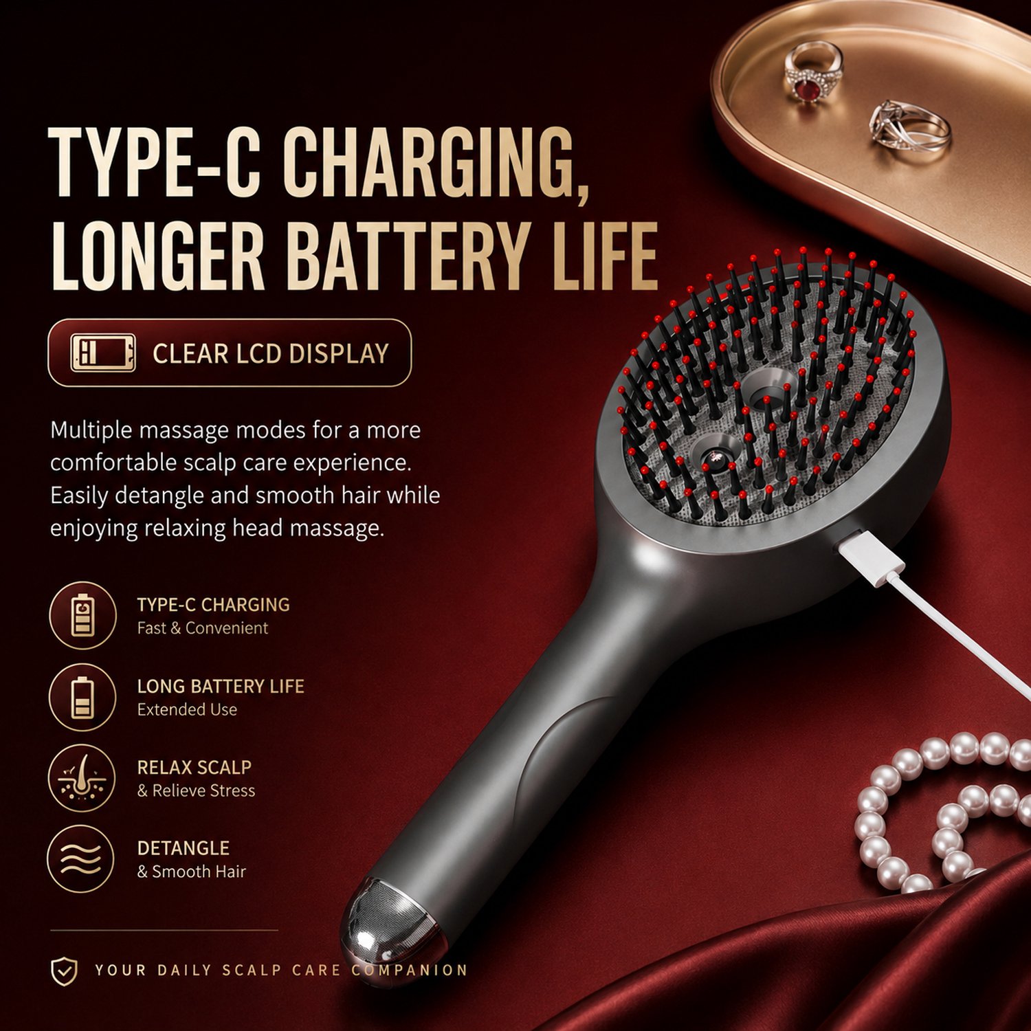 Elektrische Hoofdhuid Massageborstel – Vibrerende Haarborstel – 4 Standen – LCD-Batterijdisplay – USB-C Oplaadbaar – Voor Hoofdhuidmassage, Haarverzorging en Ontwarren – Zwart