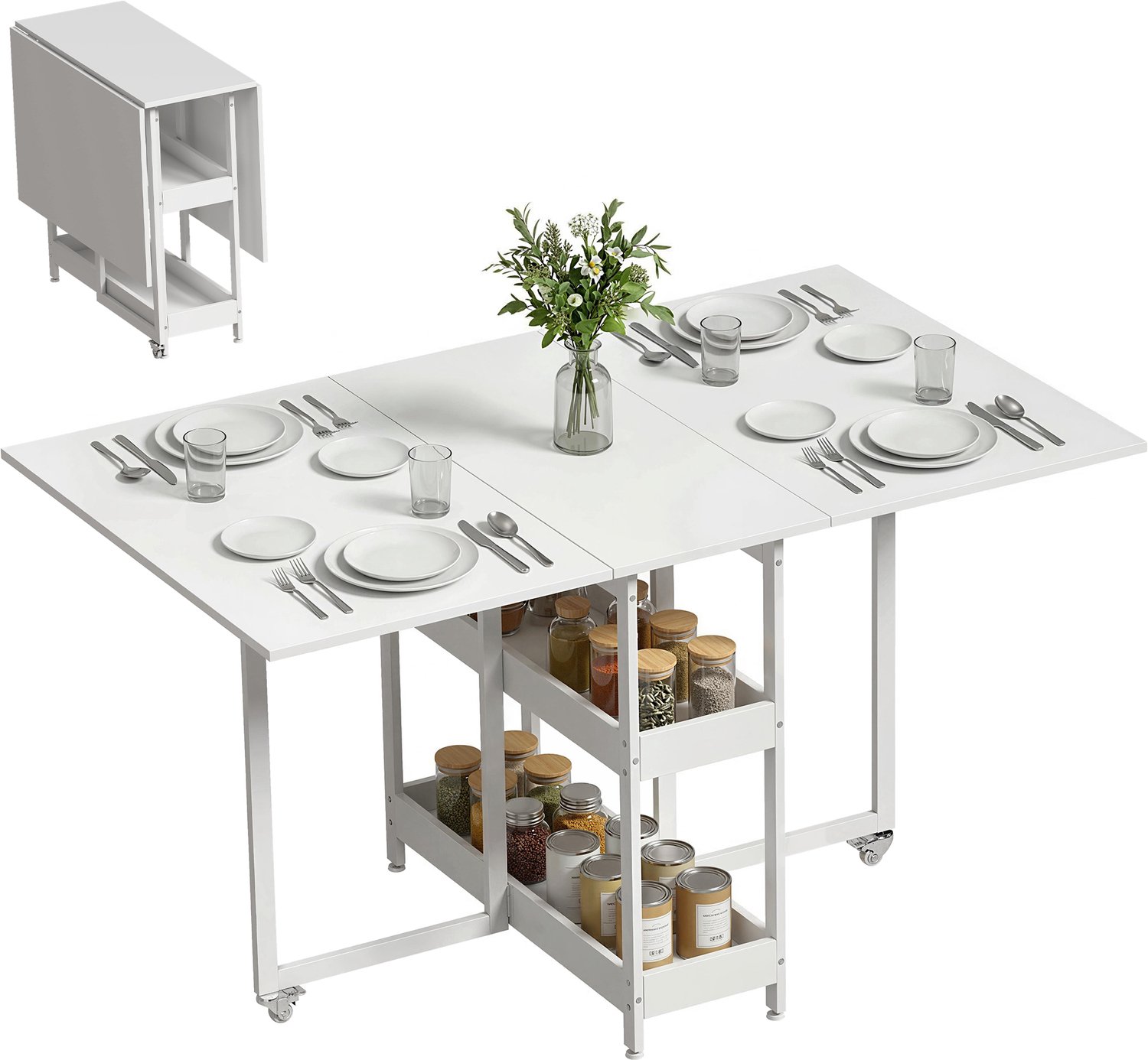 Homcom Inklapbare Eettafel met Wielen - Klaptafel Keukentafel Eethoek - Wit