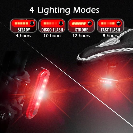 Set van 2 oplaadbare led-achterlichten voor de fiets – veiligheidswaarschuwingslichten voor achterop of op de helm — afbeelding 4