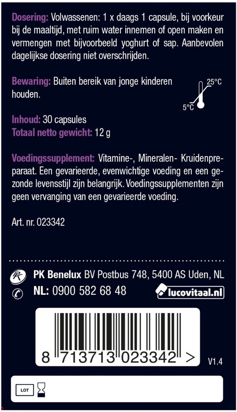 Verpakking van LucoVitaan Haar Volume capsules, met informatie over dosering, bewaren en ingrediënten. 30 capsules, 12 g netto gewicht.