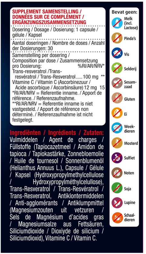 Ingrediëntenlijst met icoontjes voor 'BEVAT GEEN Melk', 'Pinda's', 'Vis', 'Selderij', 'Sesamzaad', 'Gluten', 'Ei', 'Weekdieren', 'Mosterd', 'Sulfiet', 'Noten', 'Soja', 'Lupine', 'Schaaldieren'.