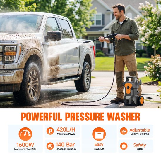 Hogedrukreiniger Elektrisch - 1600 W Max Druk 140 Bar - 420 L/u Waterdebiet - Oranje Zwart - Voor Auto Tuin En Terras — afbeelding 2
